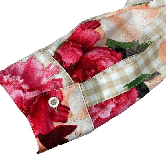 Calvin Klein Small Top Floral Checked Long Roll-Tab Sleeves V-Neck Button-Up - Picture 4 of 12